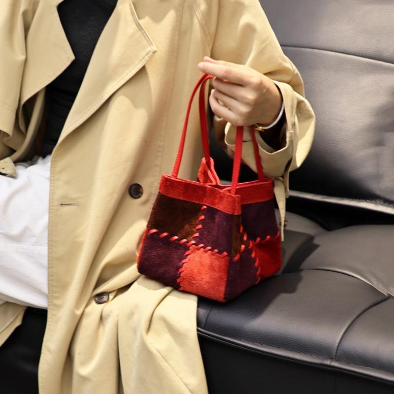 Frosted cowhide vegetable basket bag women's new sense fashionable exquisite small bag suede messenger bucket bag