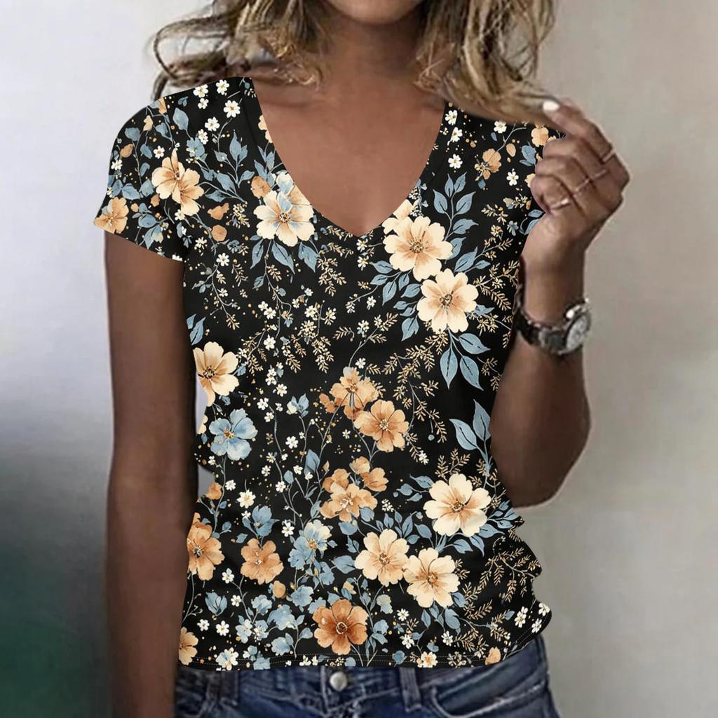 Women V Neck Short Sleeve T Shirt with Floral Print Casual Loose Fit Lightweight Top for Daily Wear Office or Travel
