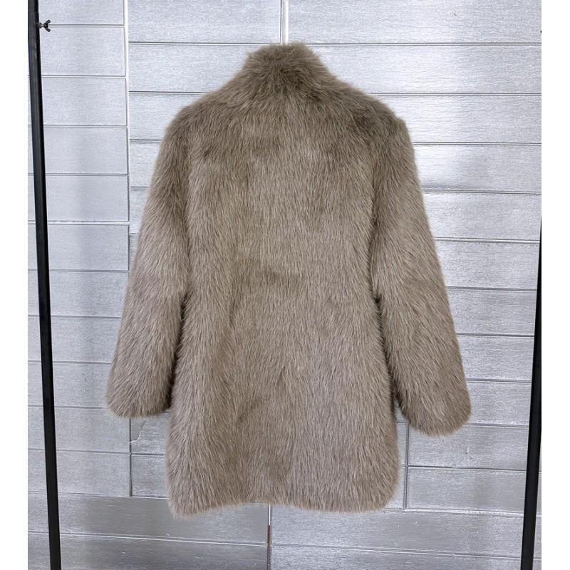 Faux Fur Mid-Length Coat Women Casual Street Style Turn-Down Collar Long Sleeve S-M-L Sizes Beige Khaki Red