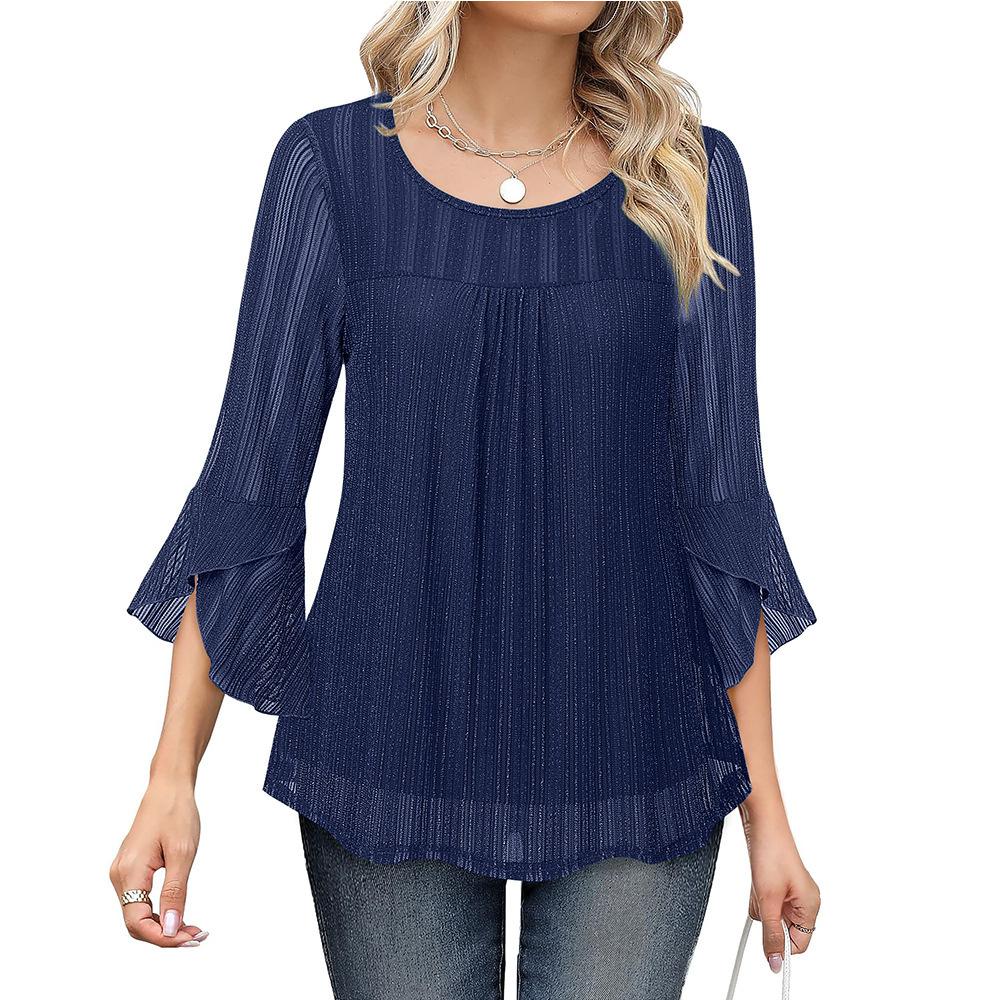Women's Crew Neck Three Quarter Sleeve Mesh Top Slim Fit Elegant Chiffon Blouse