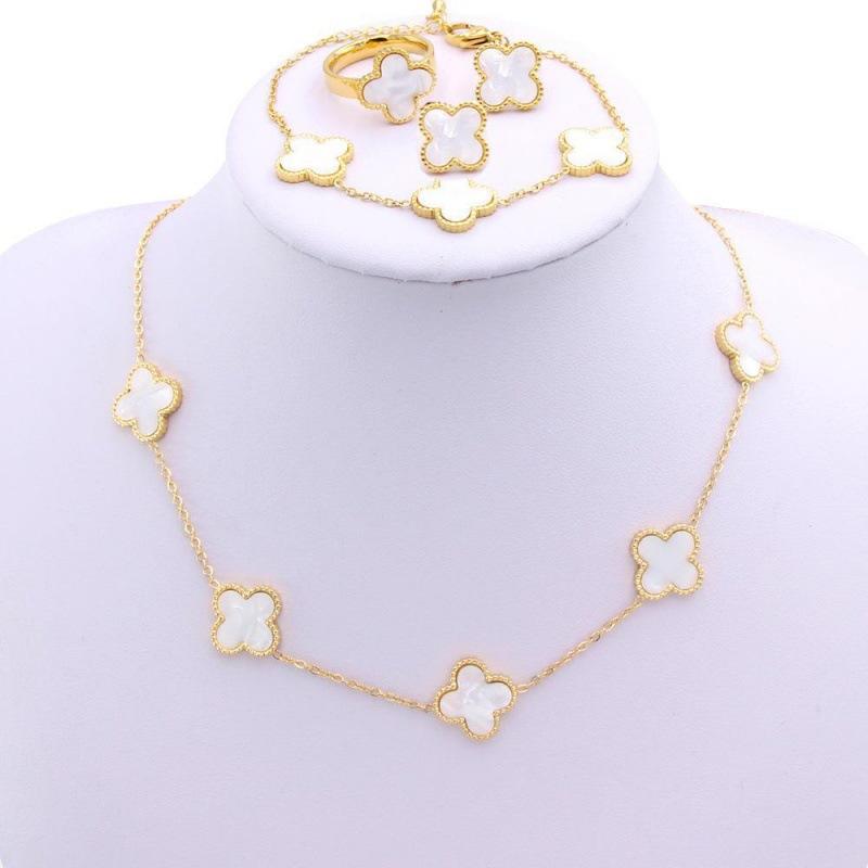 Four-leaf Clover Shell Titanium Steel Necklace Bracelet Earrings Ring and Other Jewelry Four-piece Set