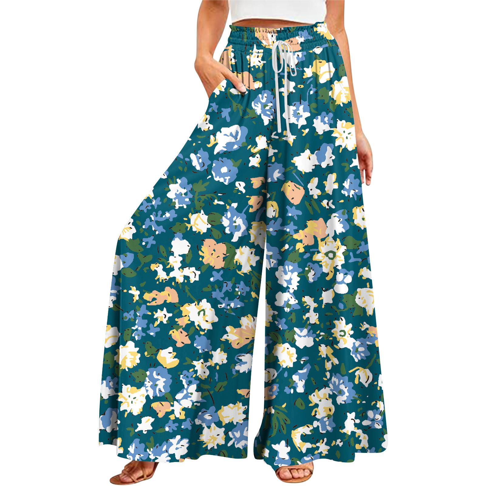 

Women s Summer Wide Leg Pants High Waisted Flowing Pockets Fashion Casual Casual Bohemian Printed Beach Pants XXXL зелёный