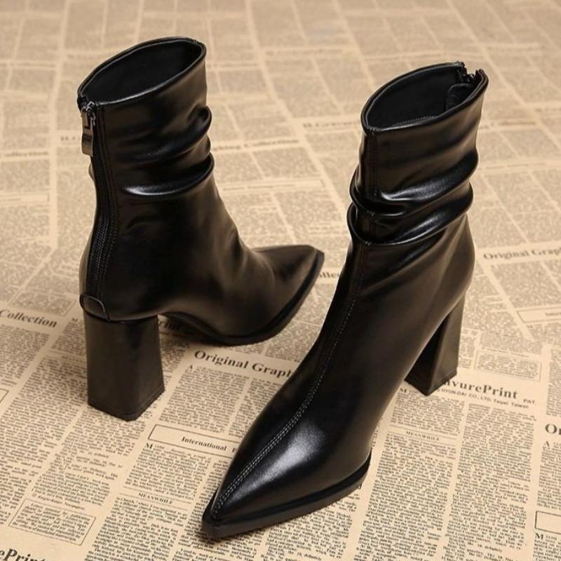 Autumn Womnen's High Heel Ankle Boots New Winter Plus Velvet Pointed Toe Chunky Heel Chelsea Boots for Women Heeled Sheos Dress