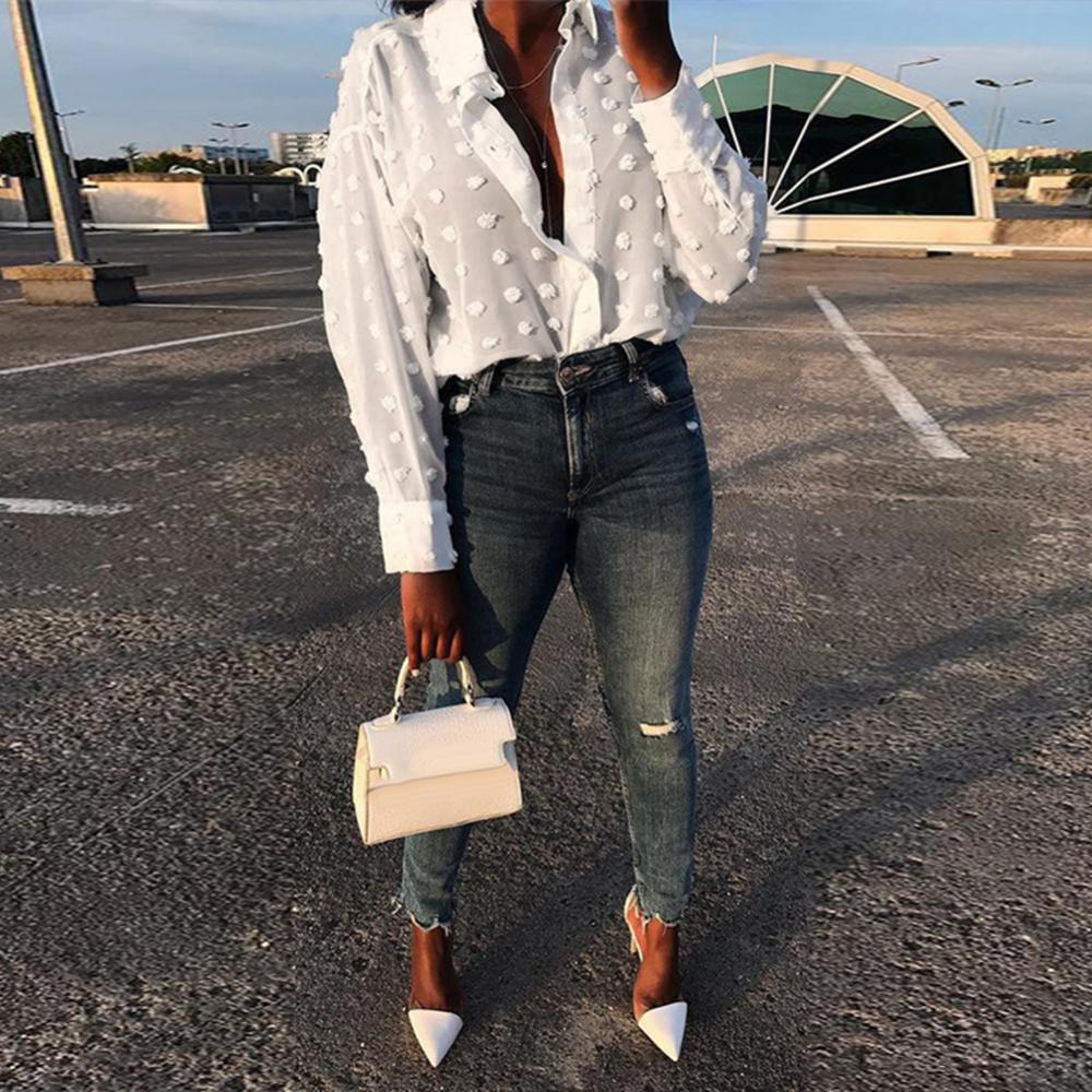 Women Solid Color Turn Down Collar Long Sleeve Polka Dot Buttons Blouse Shirt