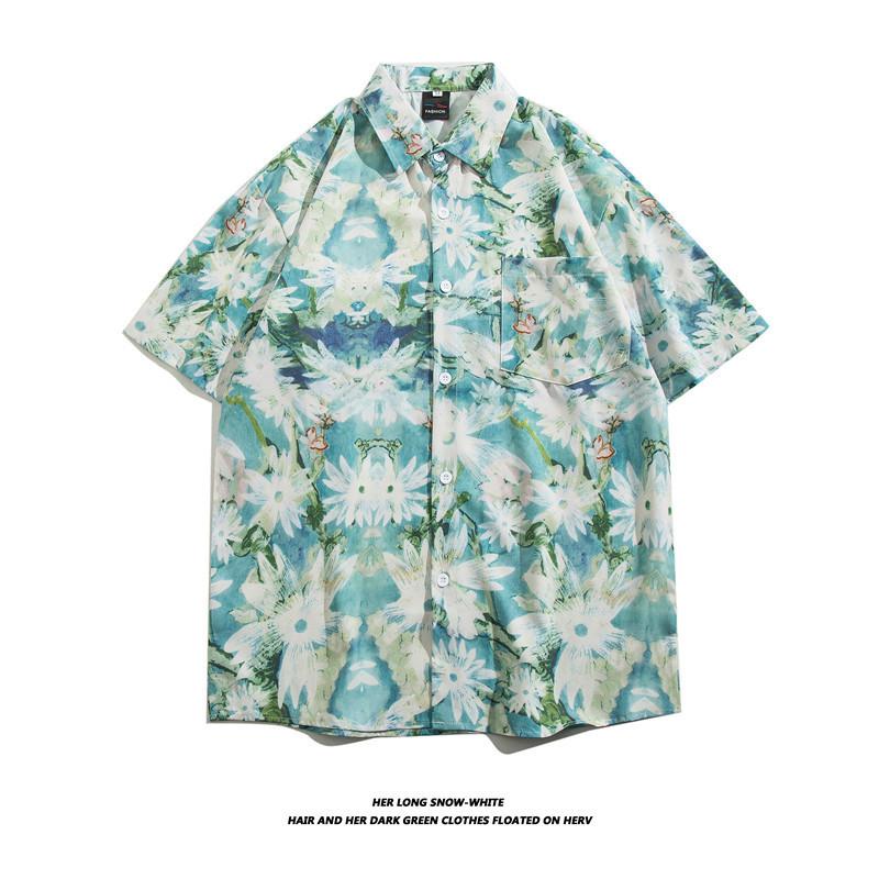 Summer Mens Hawaiian Casual  Shirts Short Sleeve Button Fashion Print Beach Floral  Vintage Tops