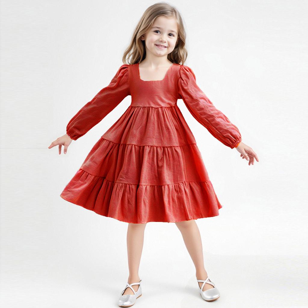 Girls' Fashion Cute Solid-Color Doll-Style Forest-Inspired Long-Sleeve Sweet Dress
