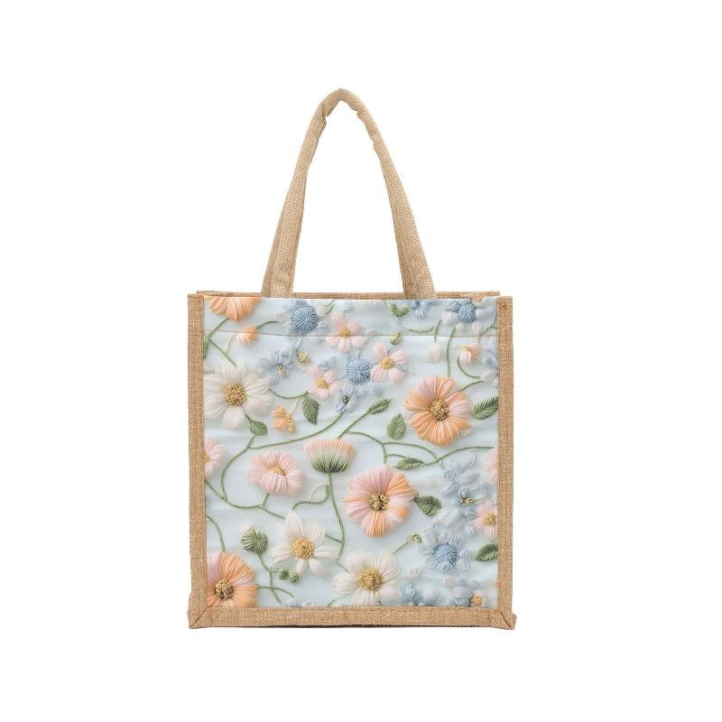 Linen zipper handbag women's new flower pattern large capacity tote bag going out to work commuting linen bag