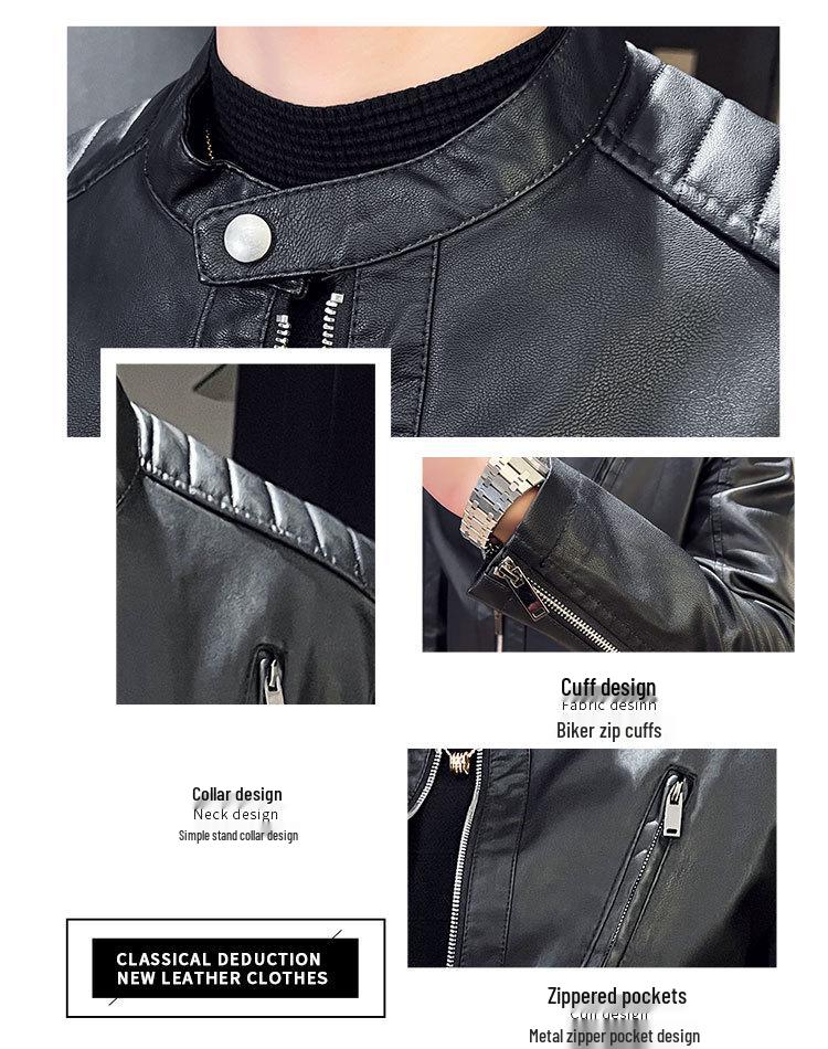 New Men's Slim Fit PU Leather Stand-Collar Jacket - Trendy Motorcycle Outerwear for Youth, Autumn/Winter.