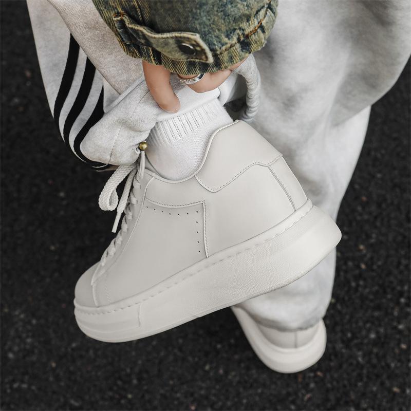 Fashion New Men's Designer White Genuine Leather Invisible Platform Height Increasing Shoes Male Causal Flats Moccasins Walking Sneakers