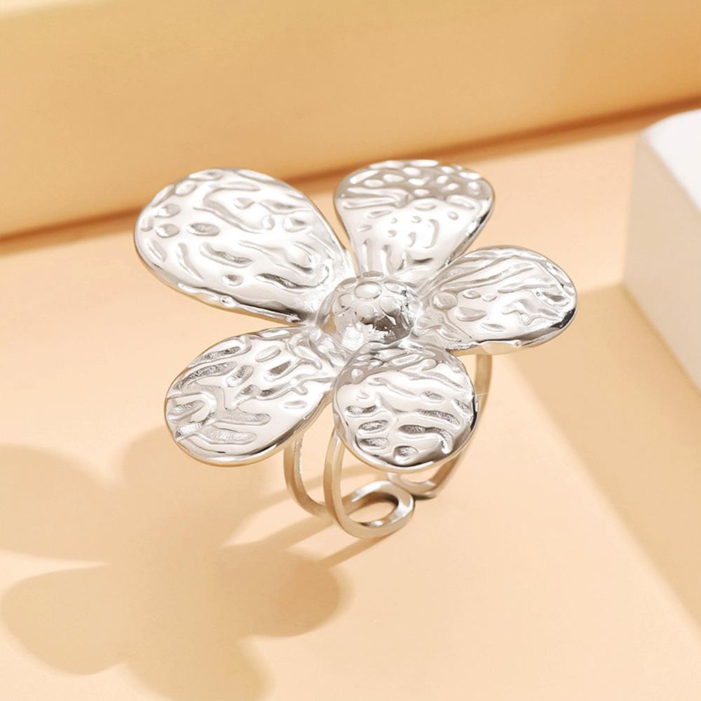 Elegant Irregular Textured Flower Open Ring - Gold Plated Stainless Steel Women s Accessory