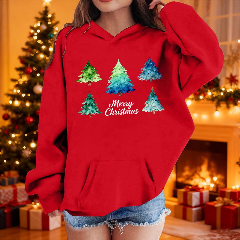 Felpa con cappuccio e stampa natalizia per bambina, manica lunga, pullover casual e comodo per le vacanze