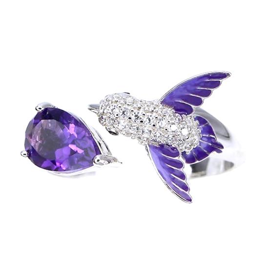 Bird Water Drop Faux Amethyst Cubic Zirconia Women Engagement Wedding Open Ring