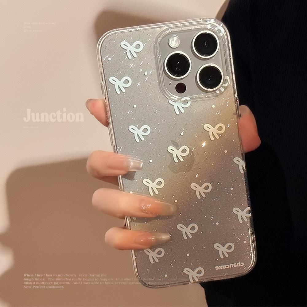 Temperament Glitter Pink Blue Bow Apple 14promax Mobile Phone Case 16 Suitable for Iphone15 Transparent 11 Soft