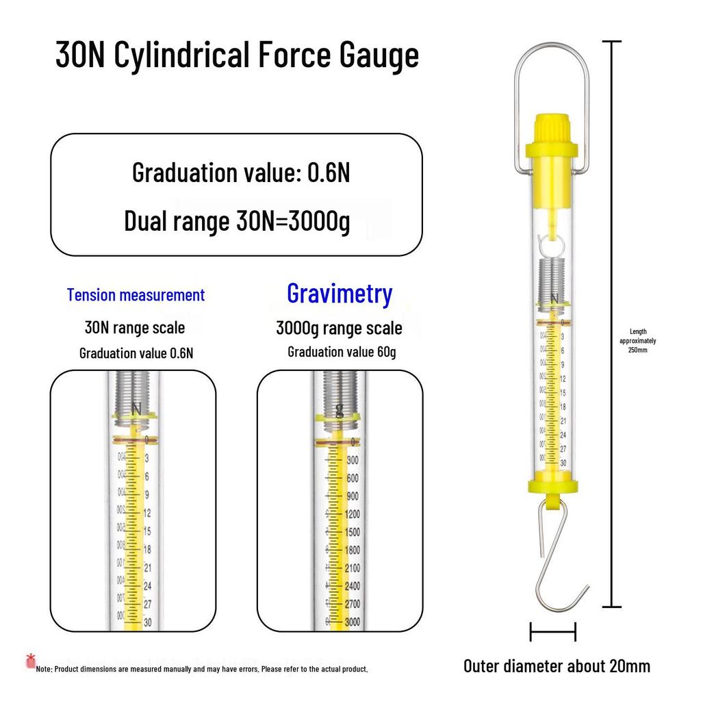 Cylindrical Spring Scale: Newton Pull Gauge 1N-30N Mechanical Teaching Instrument