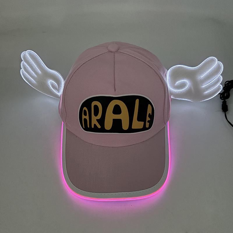 Kawaii Anime Glowing Neon Arale Hat Dr.Slump LED Light Pink Baseball Cap Cosplay Party Props Luminous Hat With Angel Wings Decor