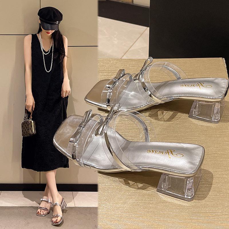 

Slippers New Style Shoes Square Toe One-strap Sandals Thick-heeled High Heels 35 срібний
