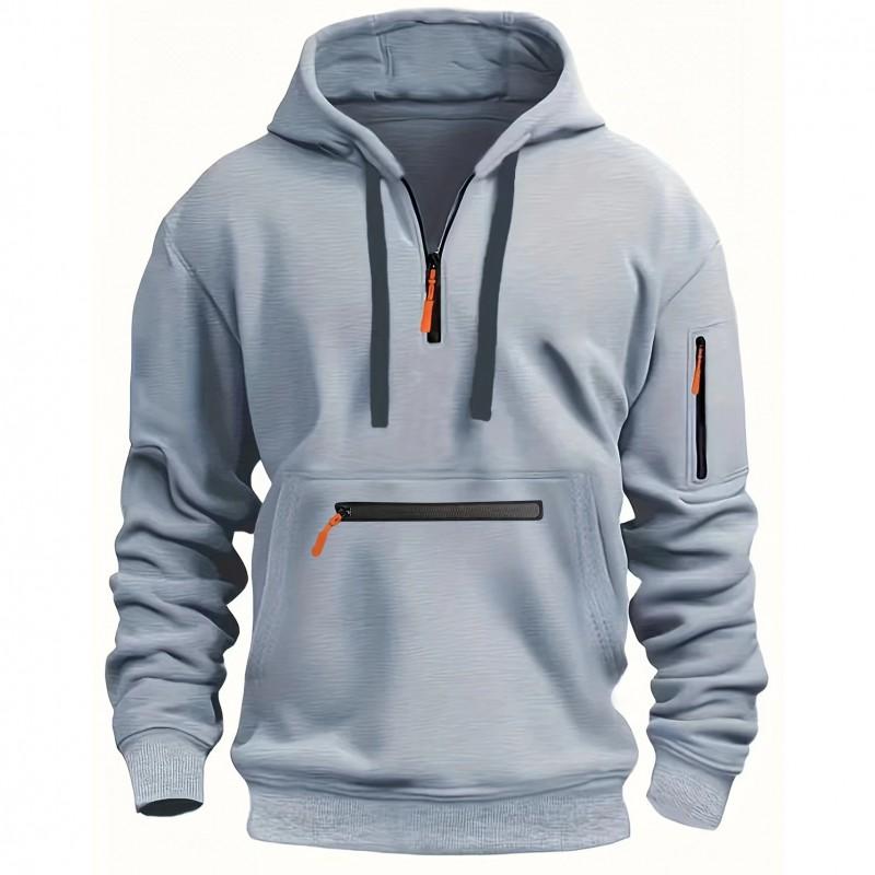 Mens Hooded Sweatshirt Casual Sports Pullover With Multi Pockets Waterproof Zipper Fall Winter