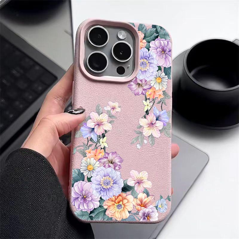 Flower Print Soft Phone Case For iPhone 16 15 14 Pro Max 16 Plus 12 13 Pro 11 Luxury Leather Texture TPU Shockproof Cover Fundas