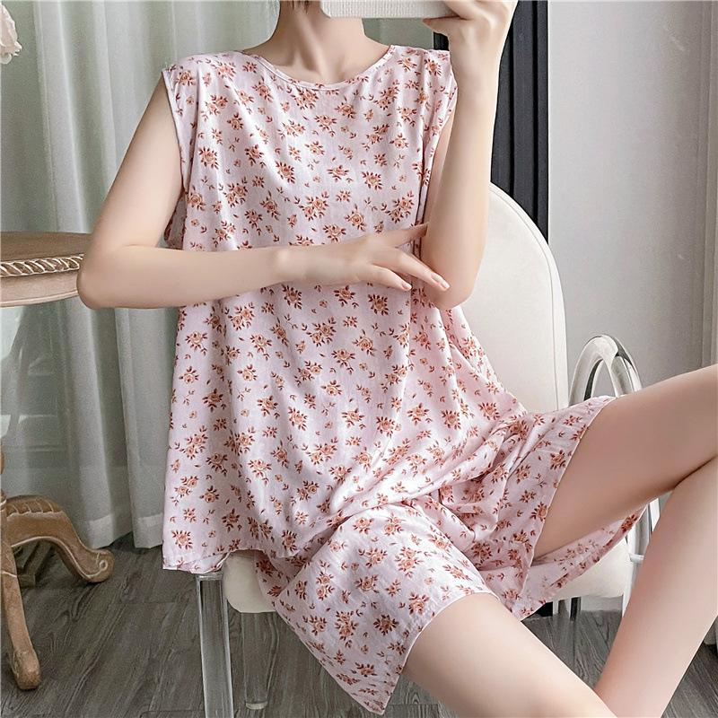 Cotton and silk pajamas women's summer thin loose sleeveless artificial cotton loungewear can be worn outside student cotton silk suit plus size