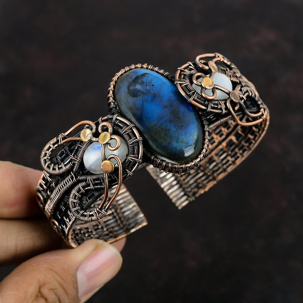 Labradorite Bangle Copper Wire Wrapped Cuff Bracelet Adjustable Bangle Handmade Gemstone Bracelet Rainbow Moonstone Jewelry Anniversary Gift