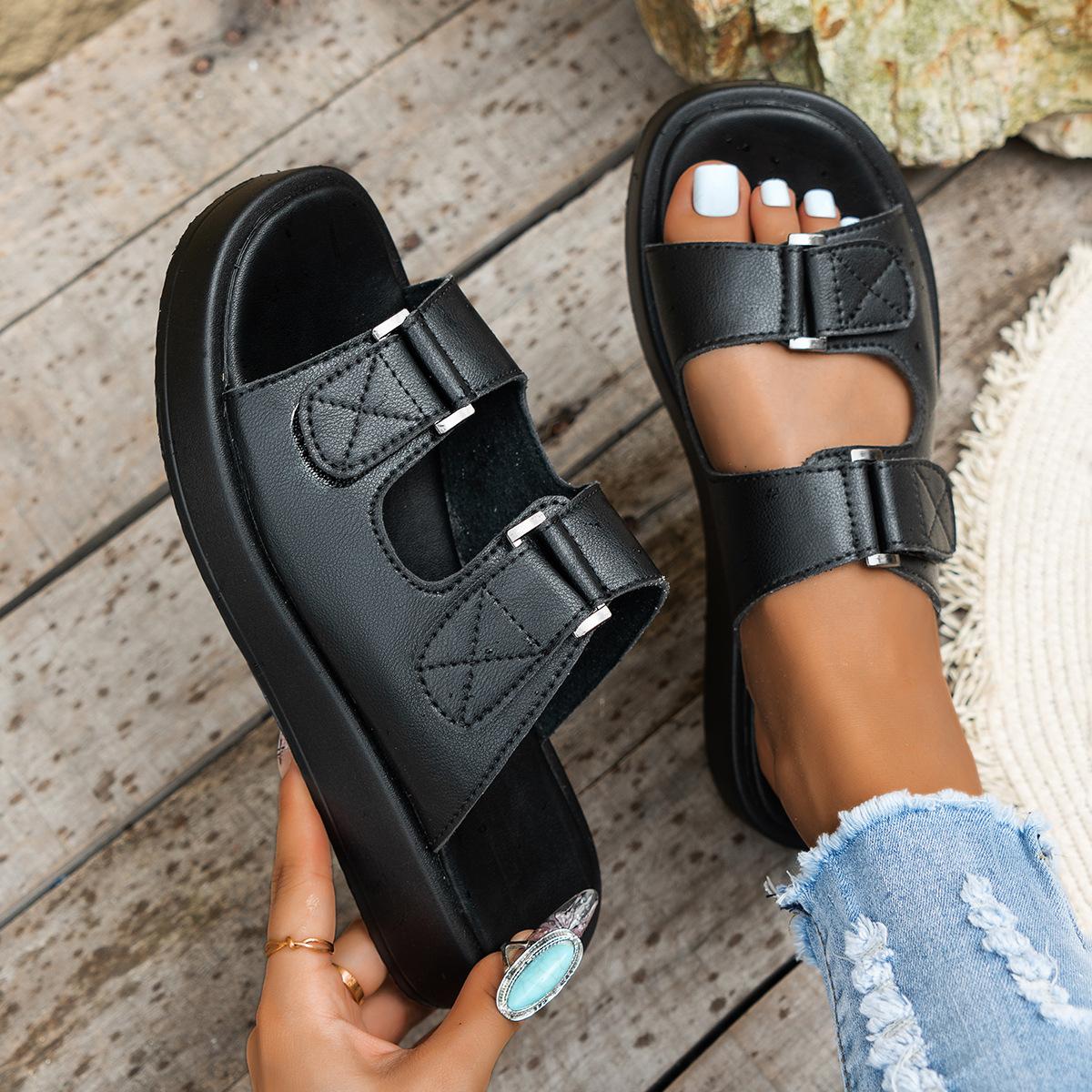 

Casual and comfortable versatile thick-soled Roman slippers Velcro muffin bottom summer new hollow breathable open-toed slippers 43
