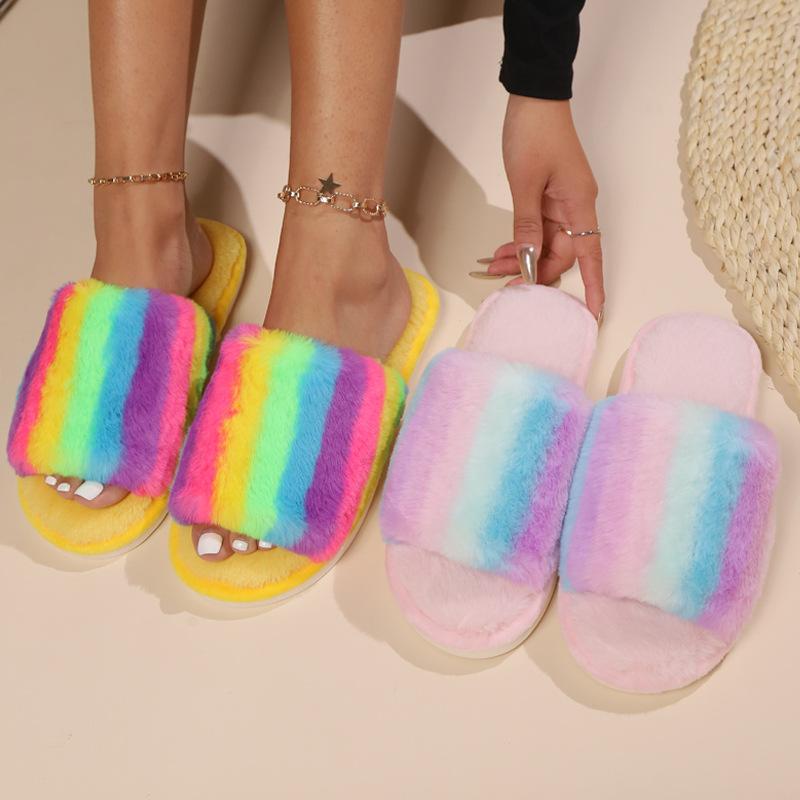 Fashion Mix Color Plush Home Slippers for Women 2025 Winter Open Toe Anti Slip Cotton Slippers Woman Indoor Flat Heel Plush Slides Lady