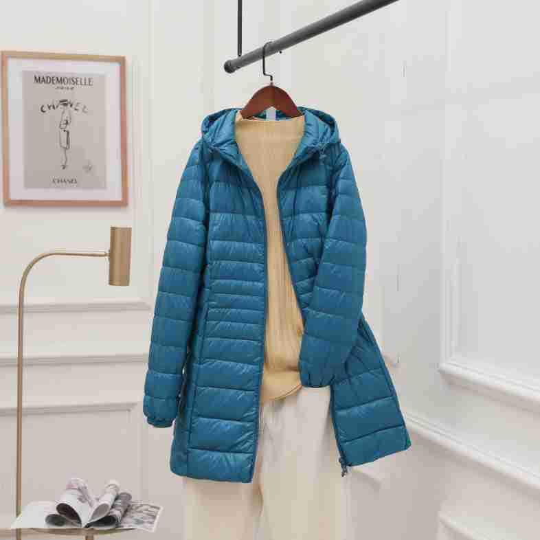 Women's Mid-Length Hooded Lightweight Down Jacket - Slimming Thin Plus Size Coat for Autumn/Winter 2023