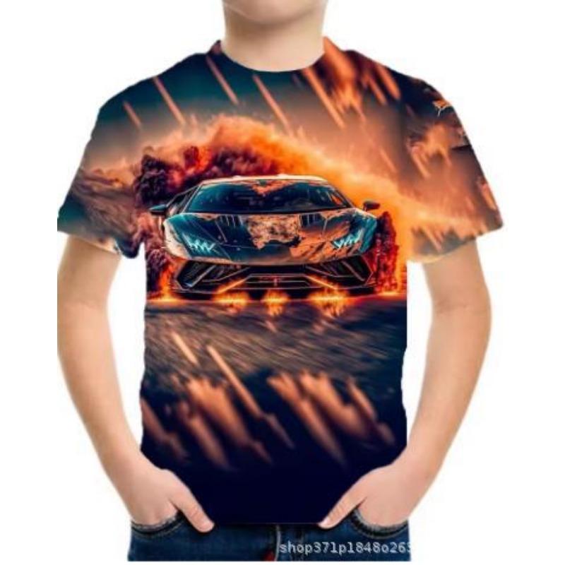 Summer Round Neck 3D Racing Series Printed Top Fashionable Casual Short Sleeved Children's Boy T-shirts
