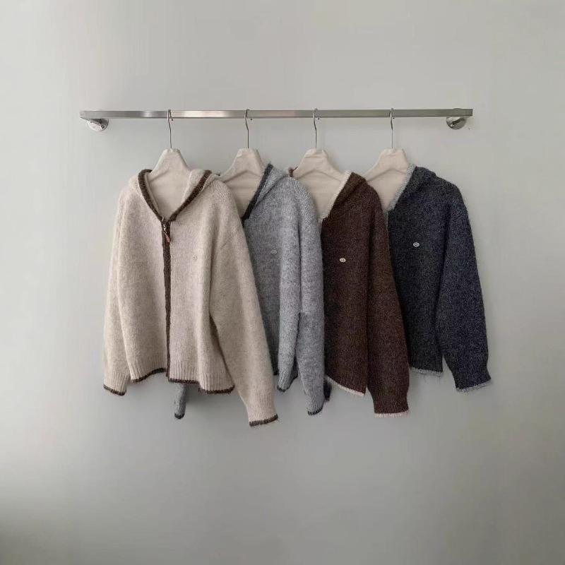 New Color Matching Edge Hooded Double Zipper Retro Casual Wool Blended Long-sleeved Knitted Cardigan Jacket Women
