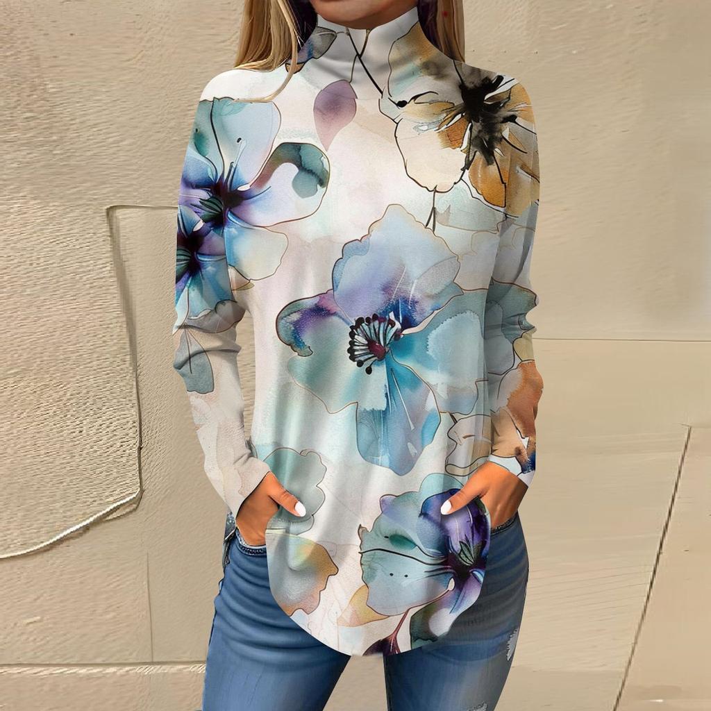 Women's Loose High Neck Retro Floral Print Long Sleeved T-shirt Top Pullover