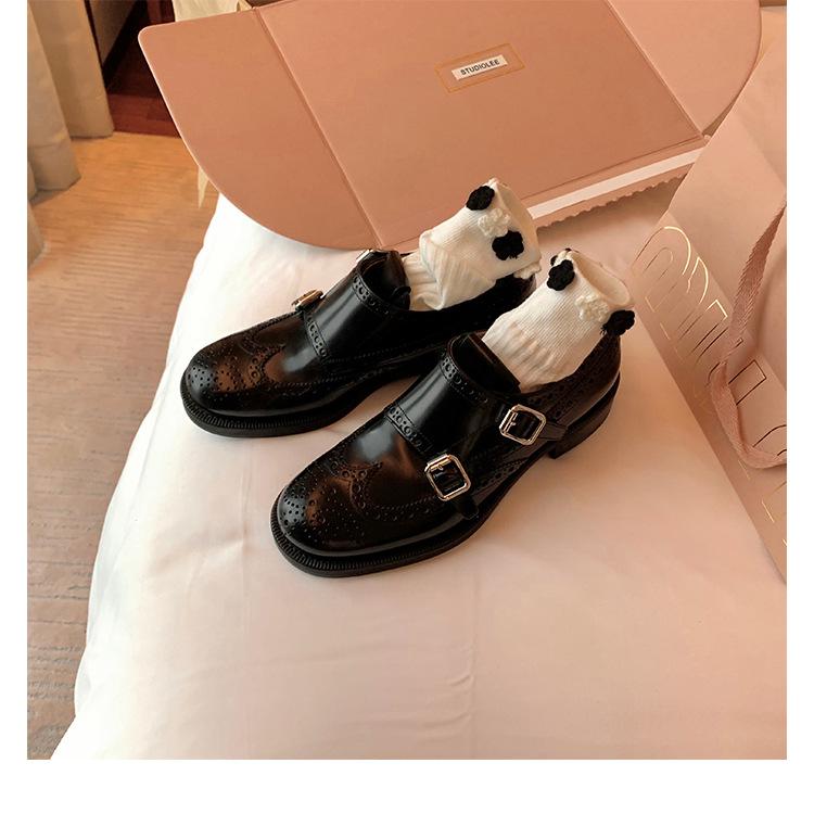 Cowhide version~ retro engraved block leather platform small leather shoes women's one-pedal lazy belt buckle loafers