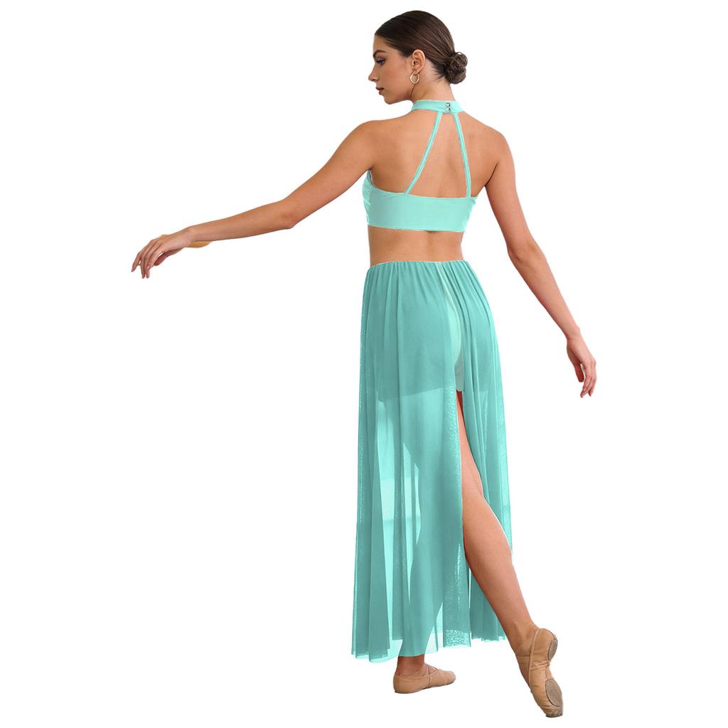 Damen rückenfreies Bodysuit-Kleid Pailletten-Oberteil Netzrock integrierter kurzer Unterteil Tanzkleidung