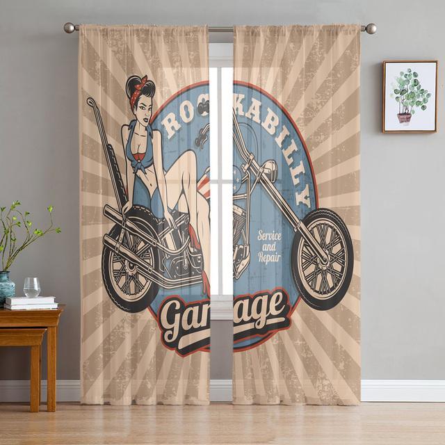 

Красный мотоцикл со звездами в стиле ретро, ​​тюлевые шторы для украшения гостиной, современная шифоновая прозрачная вуаль, занавеска для кухни, спальни 1 PCS W100XH250cm