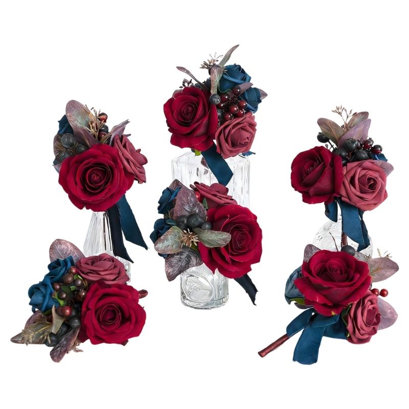 6Pcs Wedding Bouquets with Ribbon for Bride and Bridesmaid Realistic Artificial Rose Flower Bouquets Photography Tool