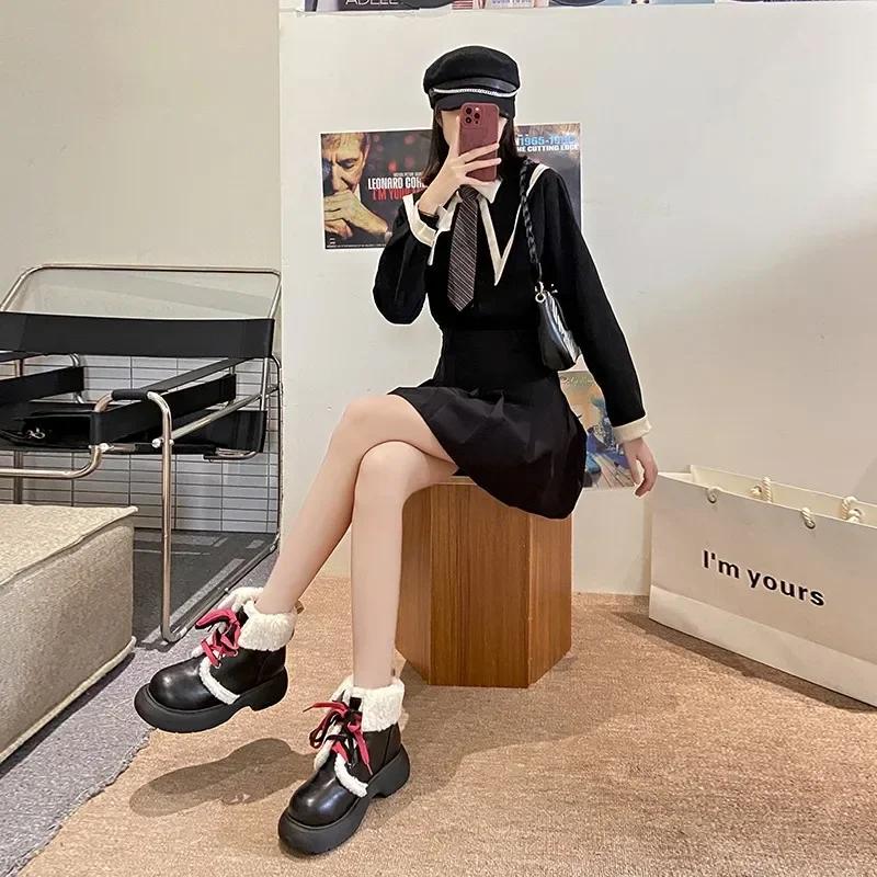 Booties Ribbons Bow Cute Ankle Ladies Snow Boots Elegant with Medium Heels Female Shoes Kawaii Round Toe Demi-season Y2k Fashion