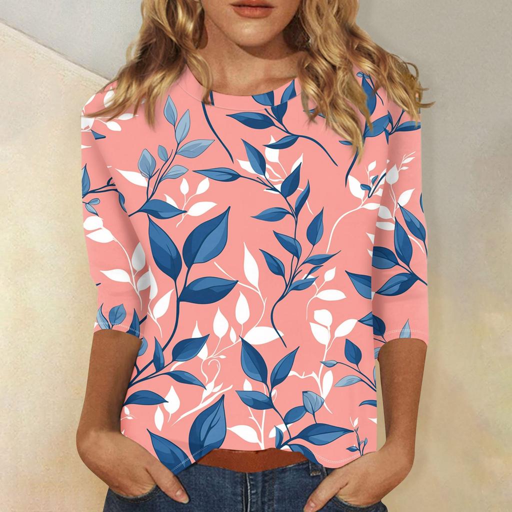 Women's Casual Loose Printed Round Neck Top With Three Quarter Sleeves T Shirt Top