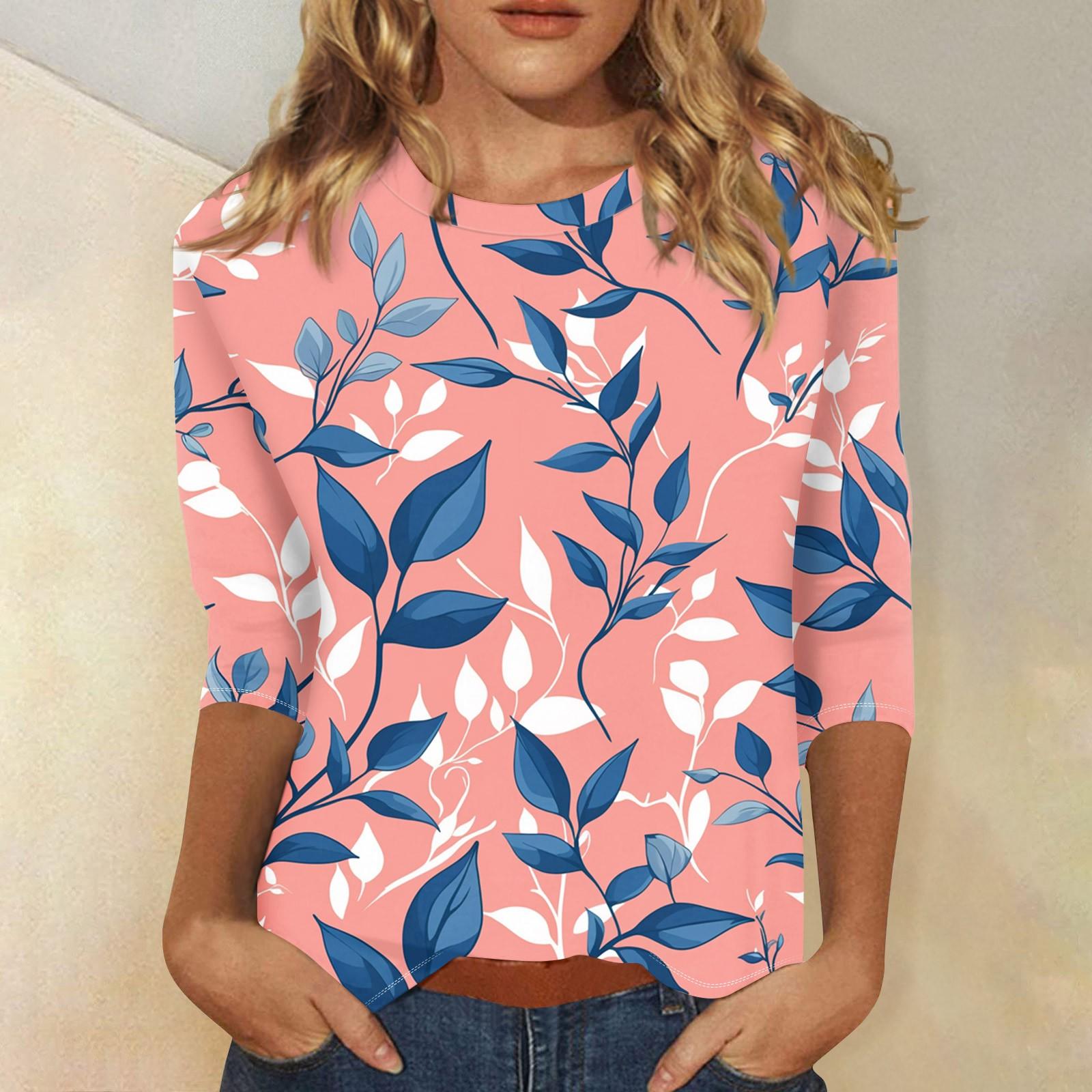 

Women s Casual Loose Printed Round Neck Top With Three Quarter Sleeves T Shirt Top L рожевий