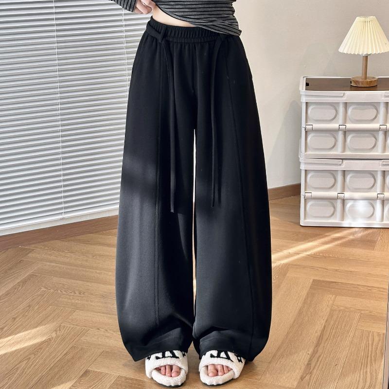 

Повседневные брюки женские ленивый стиль новые осенние темпераментные с высокой талией спортивные штаны, тонкая грушевидная фигура широкие брюки XL чёрный