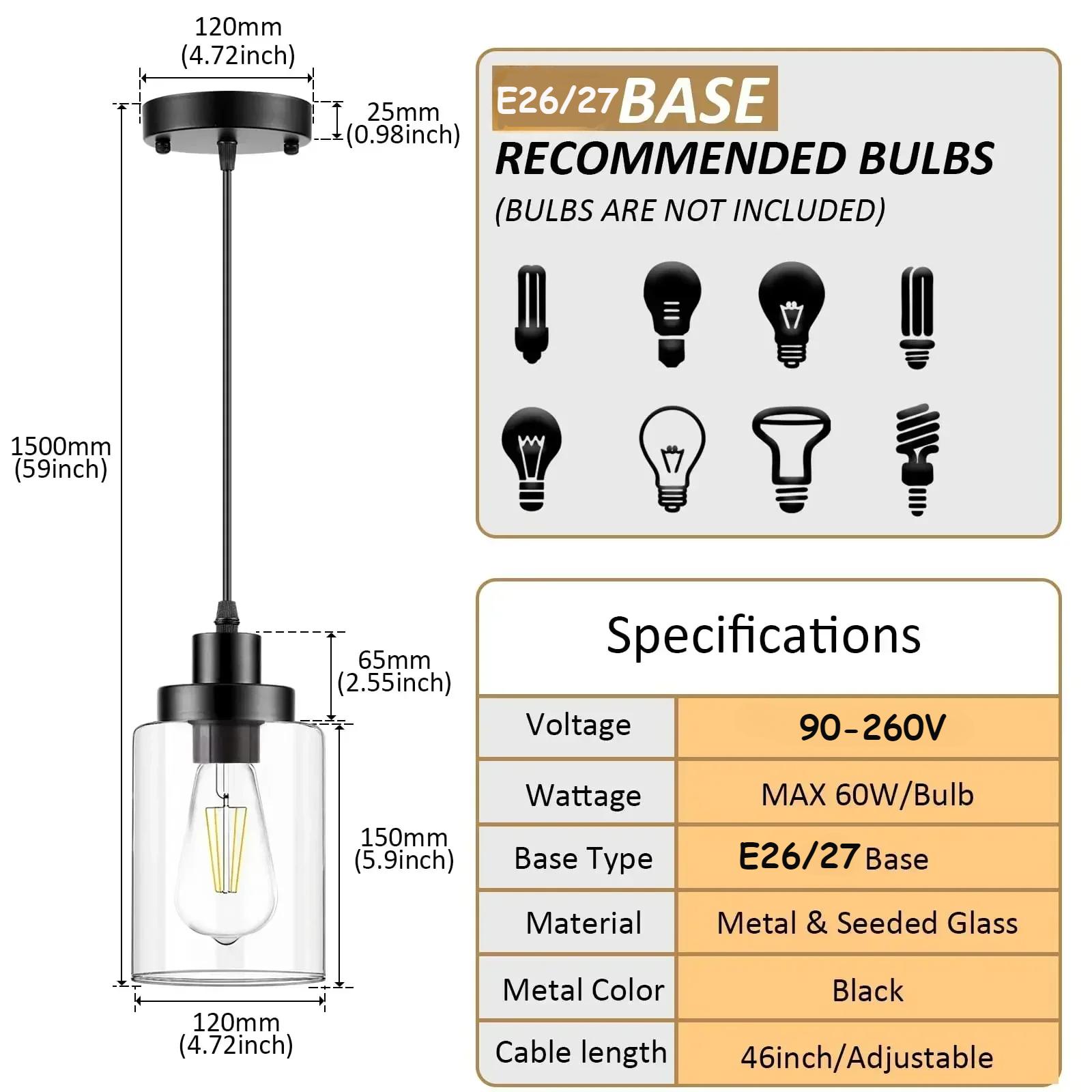 

Промышленный стеклянный подвесной светильник E26/27 винтажный подвесной светильник для спальни, столовой, кухни, бара, дома 90-260 В, декоративные светодиодные подвесные светильники 110V&Without Bulb чёрный
