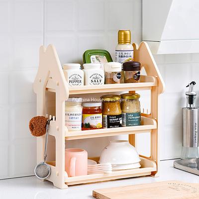 Small House Style 2/3 Layer Kitchen Spice Rack Organizer Plastic Condiment Bottle Shelf for Counter/Bathroom/Desktop