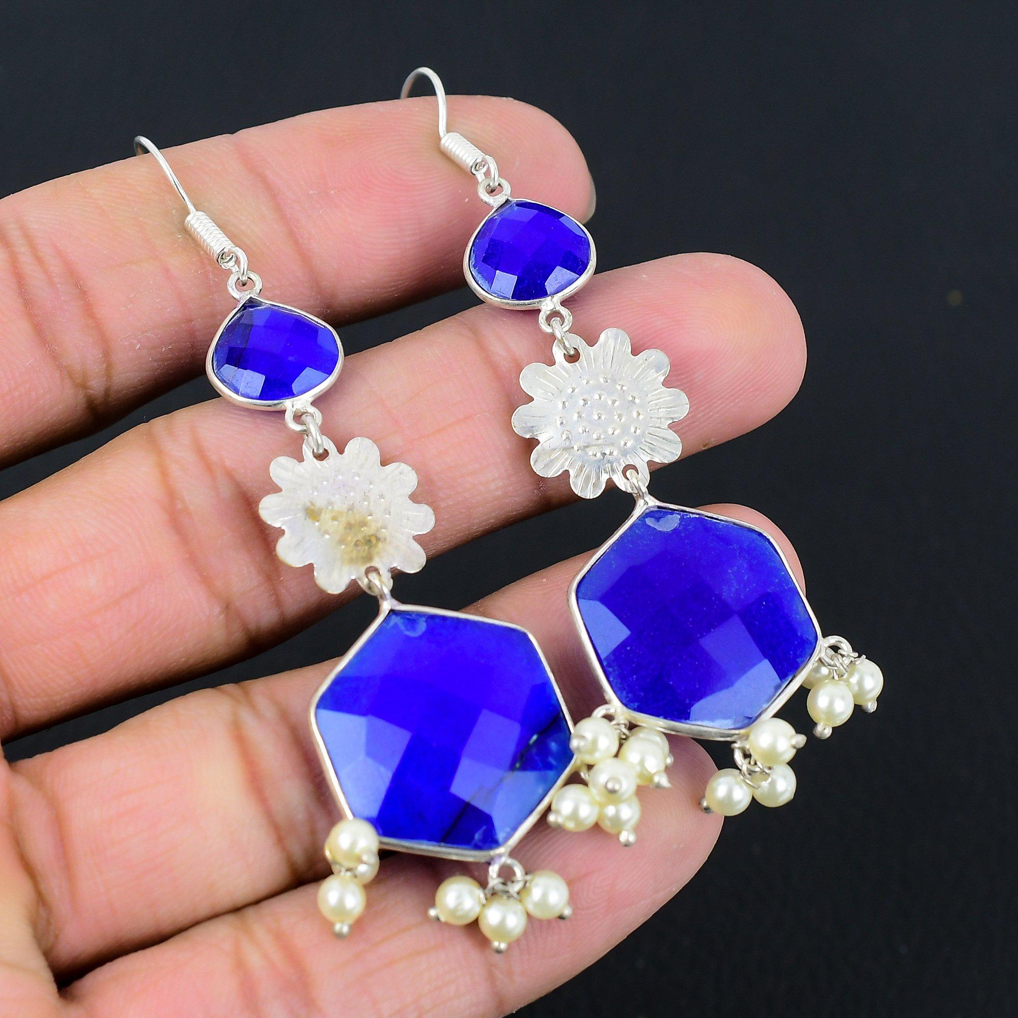 

Daughters Day Deal 925 Silver Blue Sapphire Stone Hook Drop New Earrings Jewelry