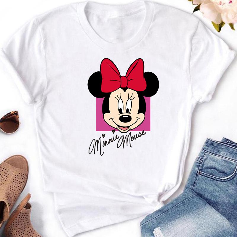 2025 Disney Mickey Minnie Mouse Fashion Print Women White T-shirt Girl Short Sleeve Crew Neck Casual Top for Women's Clothing