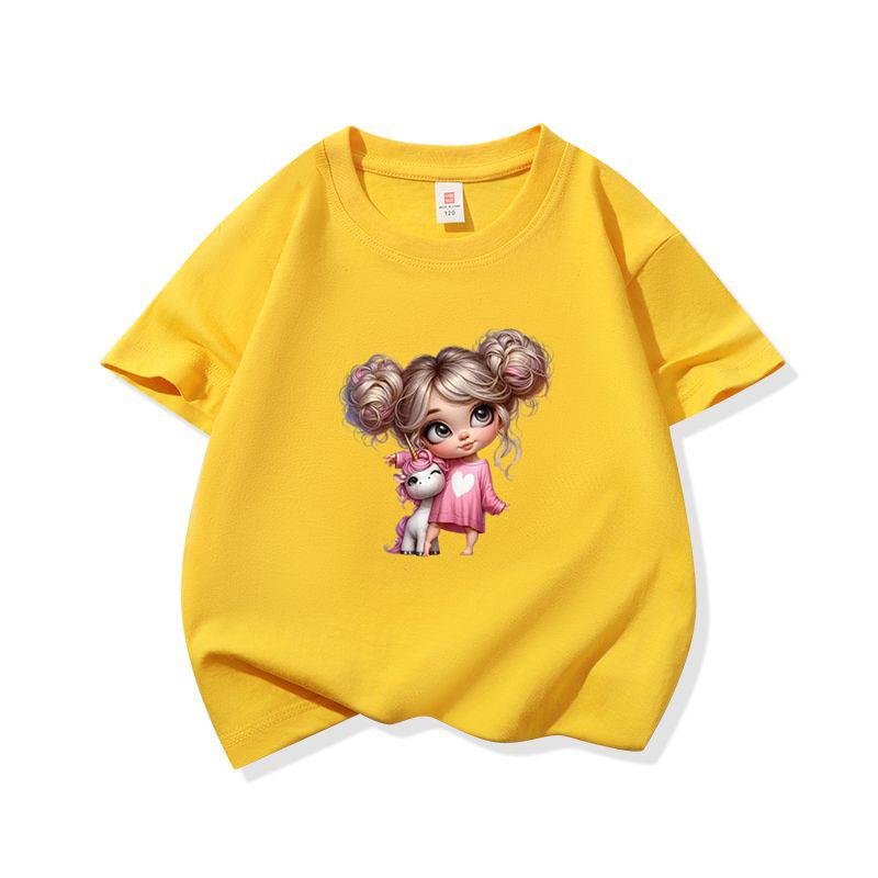 Kids Cotton T Shirt Charming Girl With Pink Unicorn Print Crew Neck Short Sleeve Tee Casual Boys Girls Summer Tops