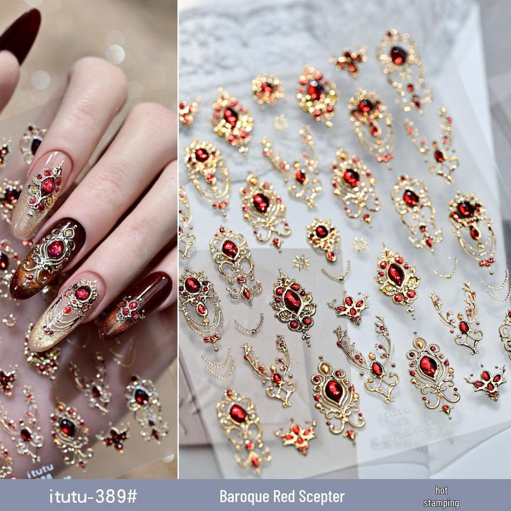 Baroque Gold Scepter Nail Stickers: Retro Gem & Luxury Court Style