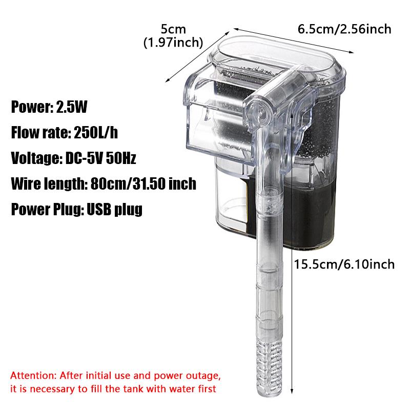 

1 шт. Новый навесной фильтр для аквариумов, Мини-фильтр, USB, 2,5 Вт, 250 л/ч. Подходит для аквариумов до 30 см, Аквариумов