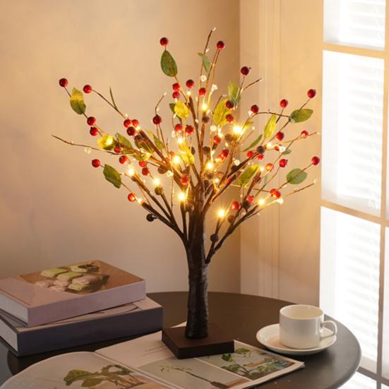 LED Birch Tree Light with Red Berries Mini Glowing Birch Tree for Tabletop Decor Festive Home Party Wedding Centerpiece Decorations