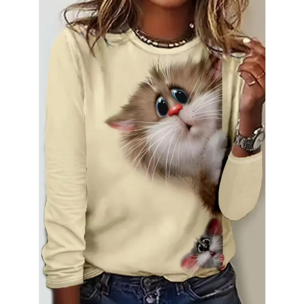 Flower Print Long Sleeved Round Neck T-shirt for Women