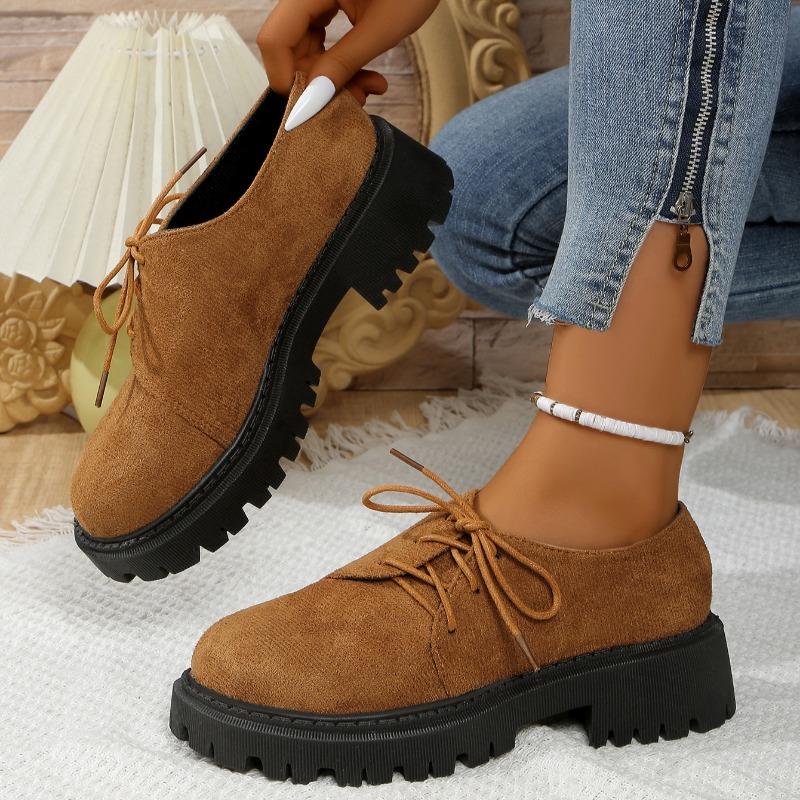 Women's Thick Heel Shoes Spring New Round Head Splicing Suede Front Strap Thick Sole Anti-slip Wear-resistant Loafers