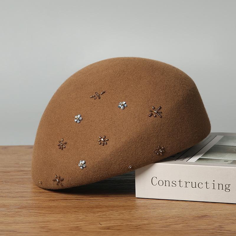 Autumn and winter new fashion wool rhinestones flower decoration British bud hat elegant women's hat