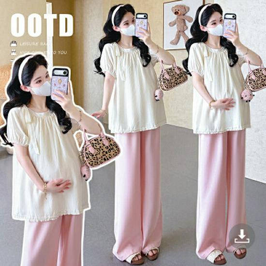 2026 Summer Maternity Set: Puff Sleeve Bow Shirt & Two-Piece Outfit L